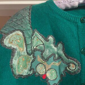 True 90's Cardigan with Shoulder Pads embroidered appliqué Teal Green